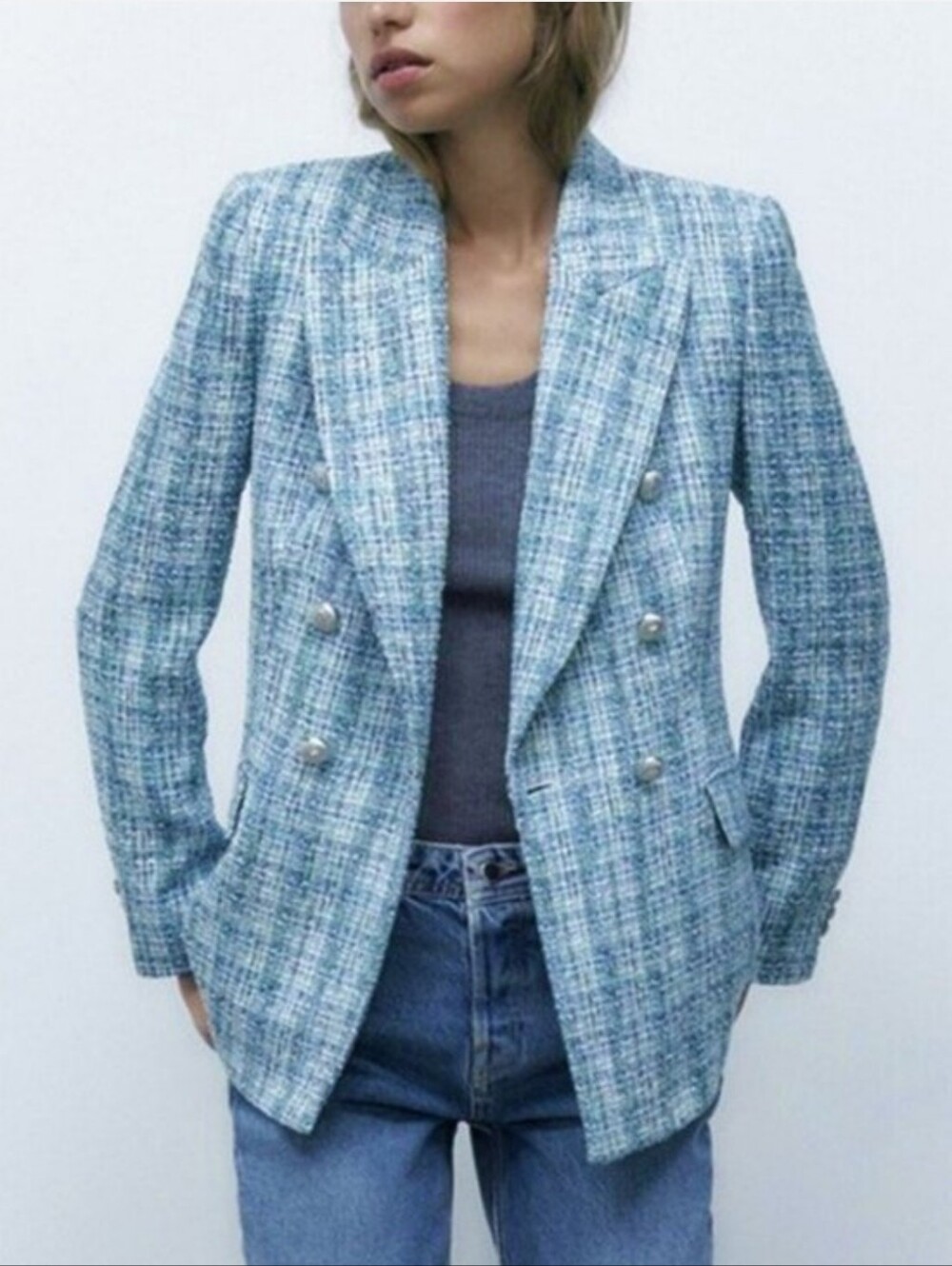Zara Blue textured tweed Blazer